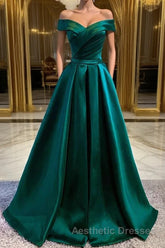 Dark Green Long Evening Prom Dresses Elegant A Line Off the Shoulder Party Evening Dresses